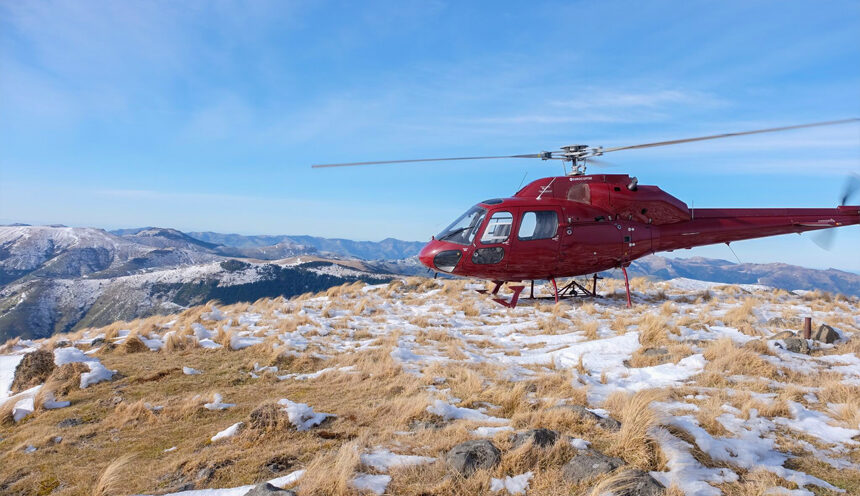 Helicopter landing on Mt Herbert in Banks Peninsula