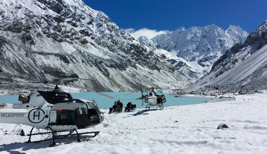 Helicopter picnic at the Rakaia Glaciers lake
