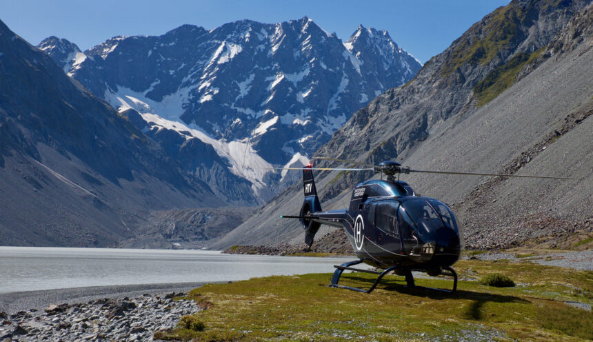 Helicopter landing at the Rakaia Glaciers