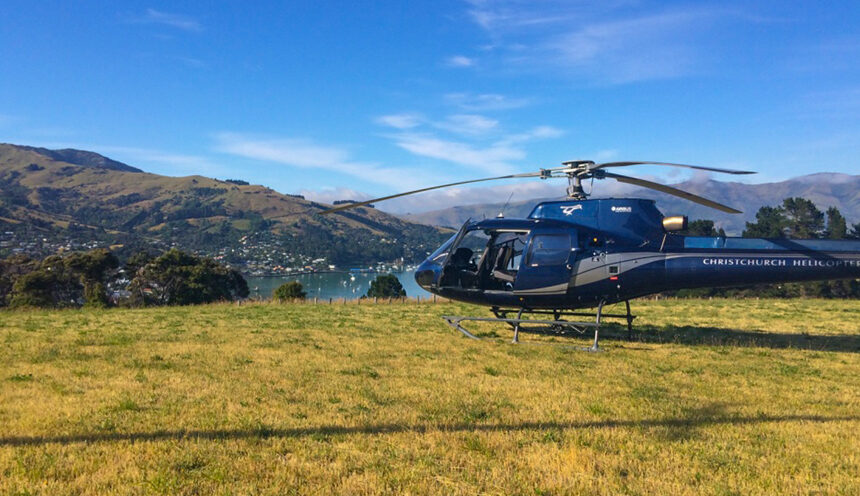 Helicopter parked up overlooking Akaroa