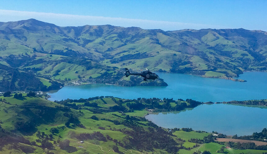 Helicopter flying through Banks Peninsula